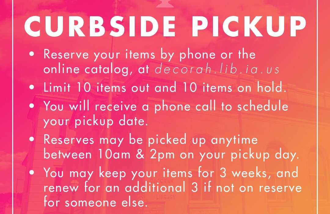 Post Photo for Decorah Public Library will begin offering curbside materials pickup on Monday June 1, 2020