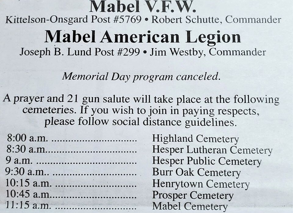 Post Photo for Revised Mabel VFW Memorial Day Services 2020